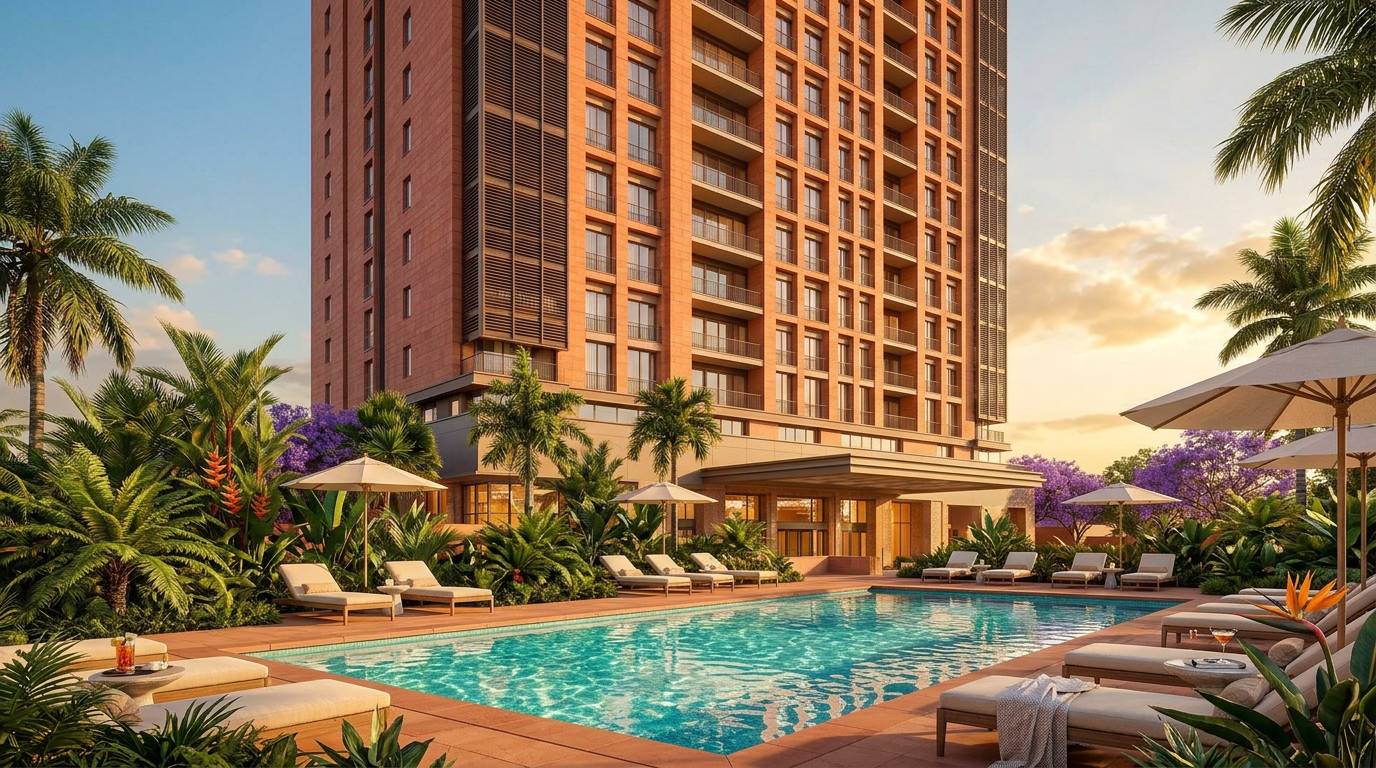 Resort pool with palms at sunset